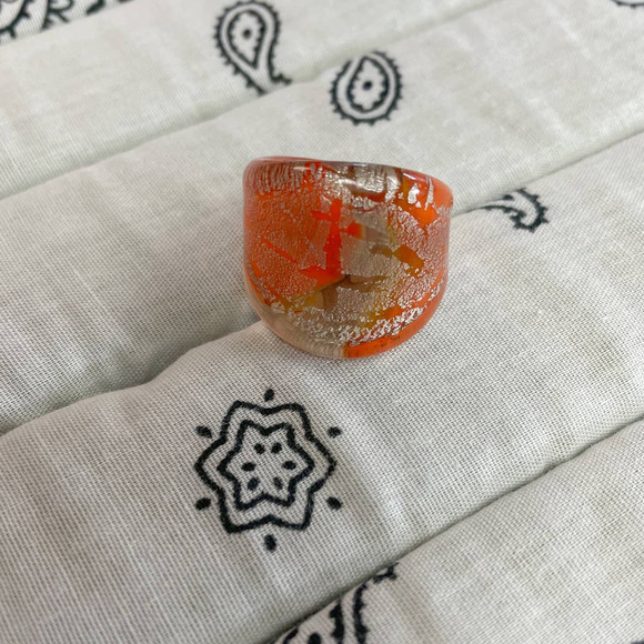 Orange Gold Crackle Art to Wear Glass Blown Multi-Color Statement Cocktail Ring - Picture 2 of 5